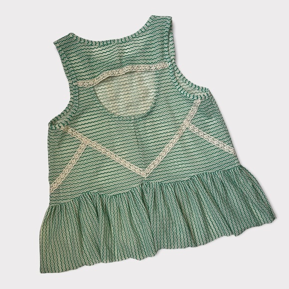 Free People Crochet Sheer Tank Top With Peplum and Back Cut Out Green & Cream - Picture 2 of 7